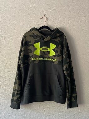 Under Armour Boys YLG Youth Large Camo Hoodie Neon Logo Pullover Sweatshirt